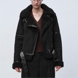Zara Black Shearling Faux Suede Moto Jacket